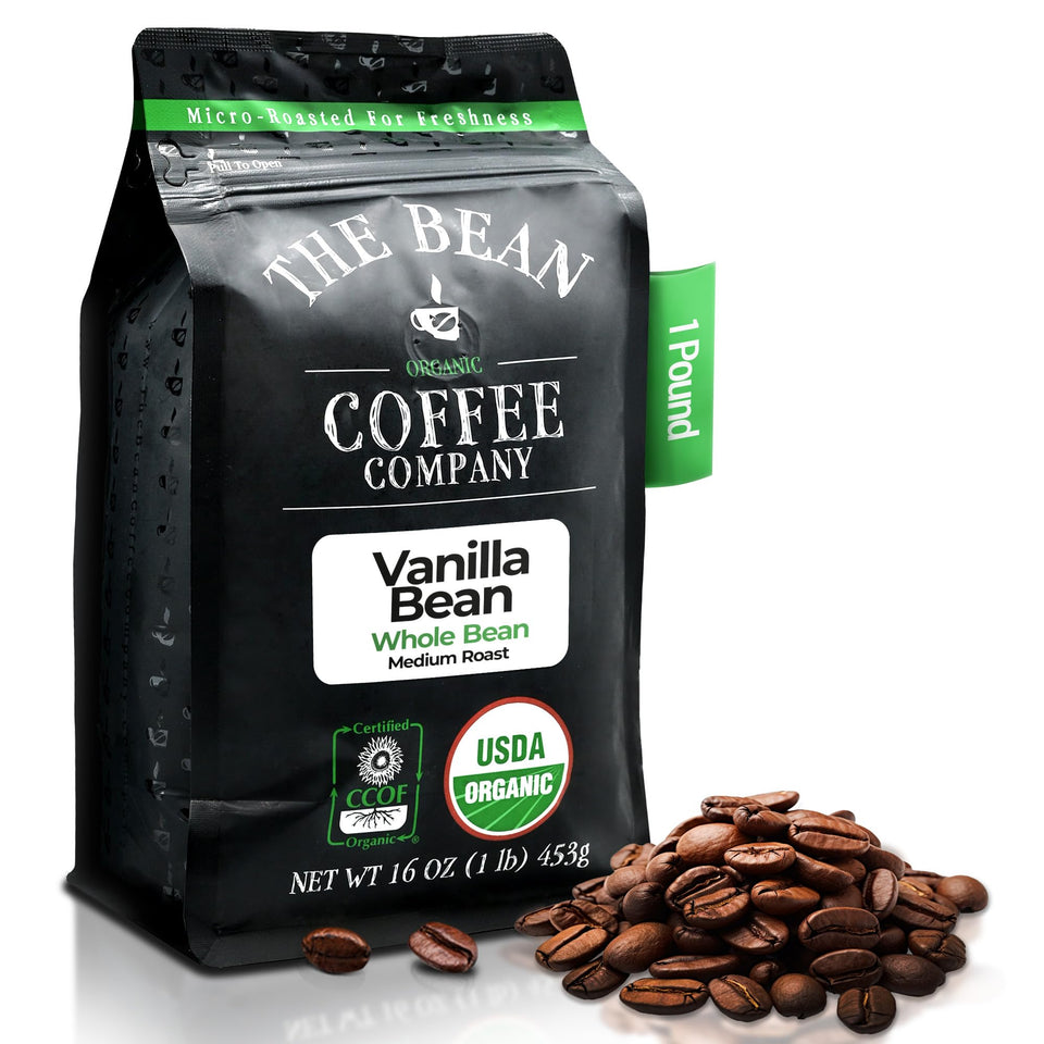 The Bean Vanilla Bean coffee bag front shows branding and 16-ounce size for everyday use