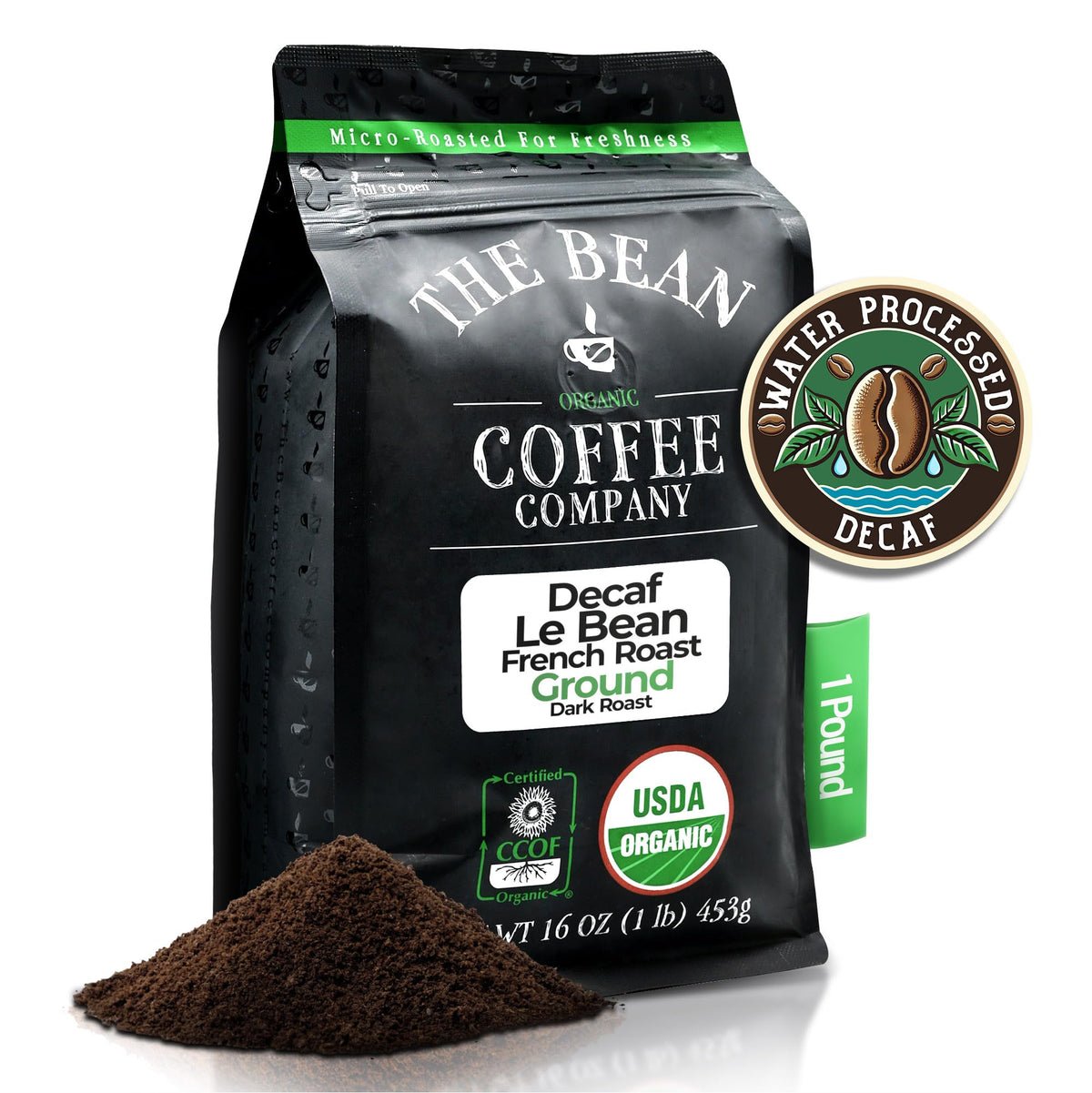 The Bean Le Bean decaf bag label highlighting Swiss Water Process for smooth mornings