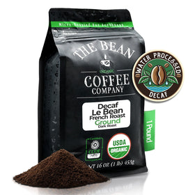 The Bean Le Bean decaf bag label highlighting Swiss Water Process for smooth mornings