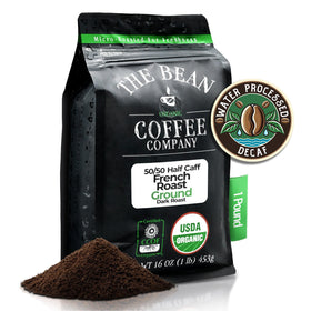 The Bean Organic Coffee Company 50/50 French Roast bag front showing organic half caf blend