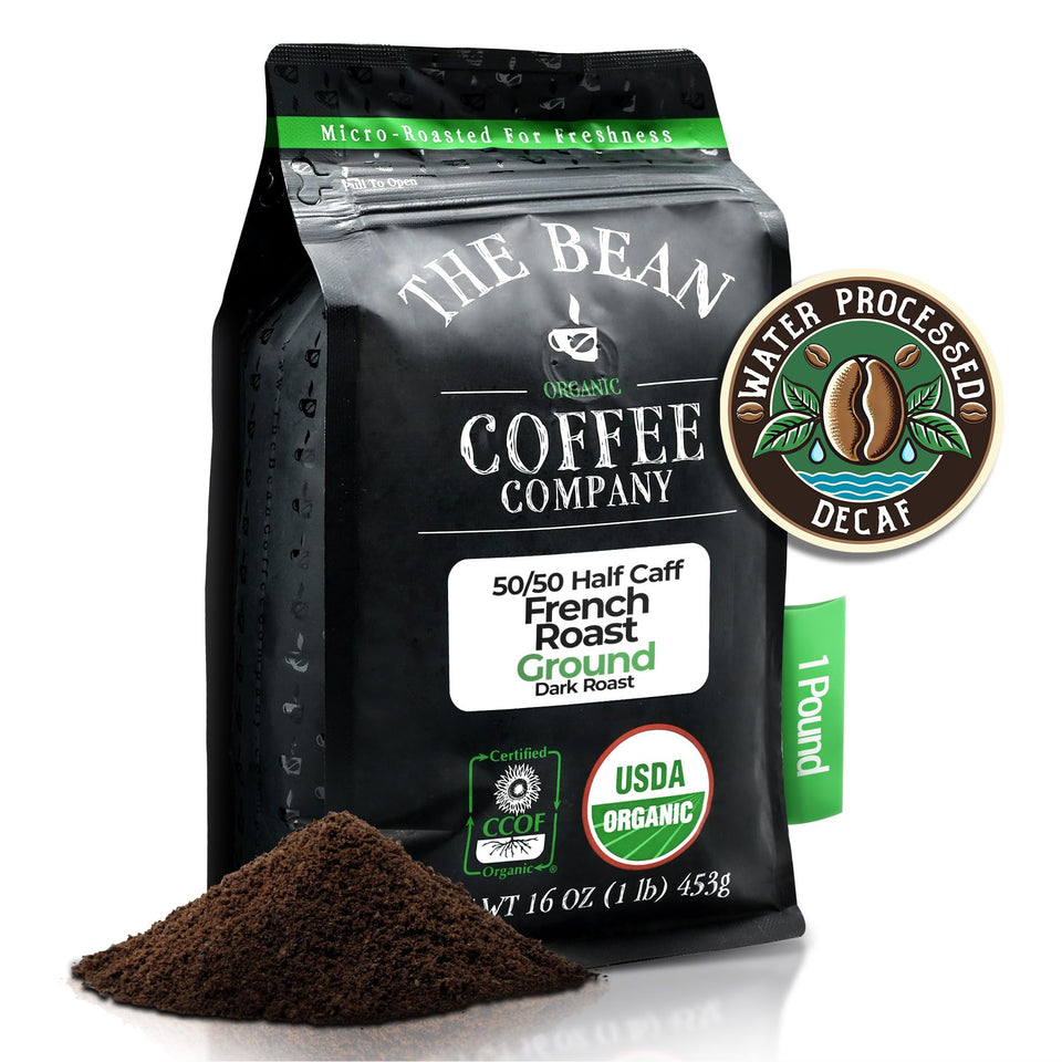 The Bean Organic Coffee Company 50/50 French Roast bag front showing organic half caf blend