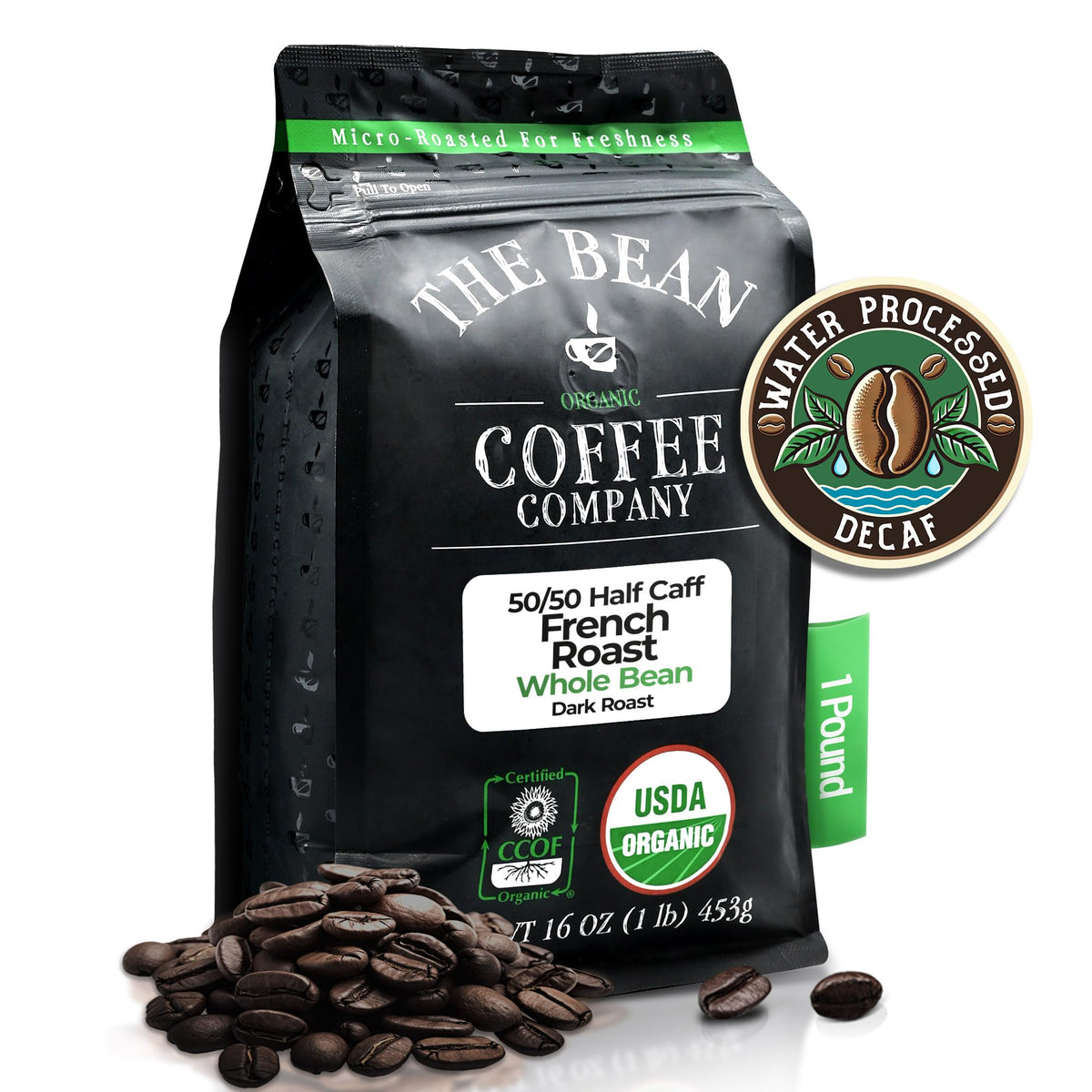 The Bean Organic Coffee Company 50/50 French Roast bag front—half-caf balance for busy mornings.