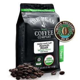 The Bean Organic Coffee Company 50/50 French Roast bag front—half-caf balance for busy mornings.