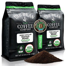 The Bean Organic Coffee Company 50/50 half-caf French Roast 16oz pack for balanced mornings.