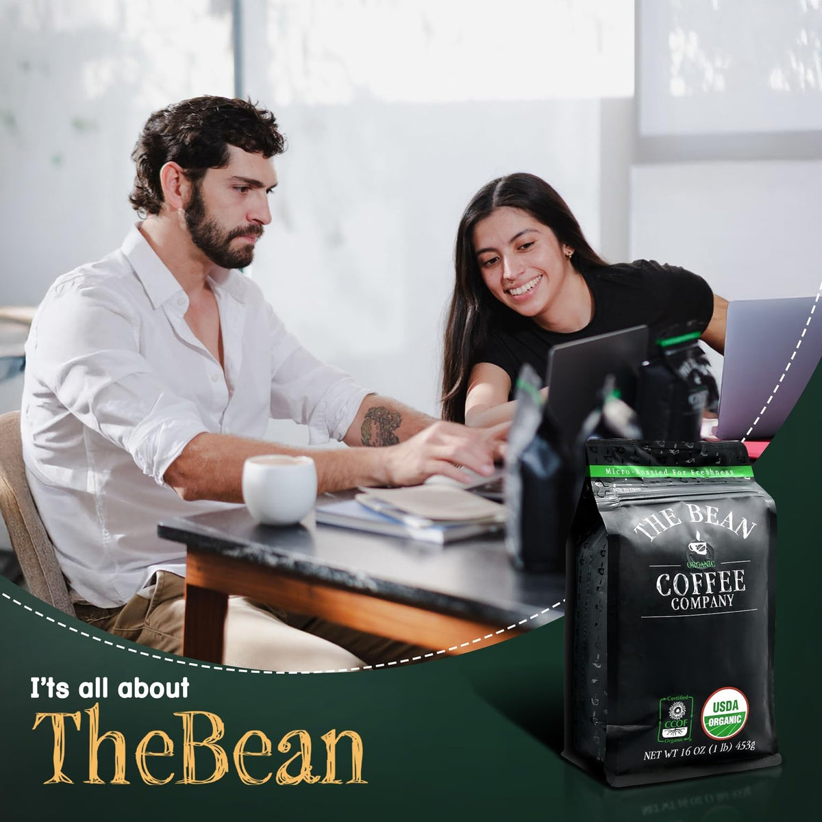 Two 16-ounce bags keep freshness intact from The Bean Organic Coffee Company.