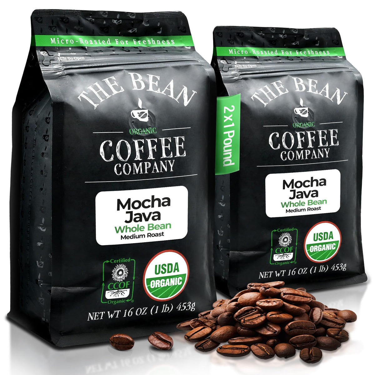 The Bean Organic Coffee Company Mocha Java pack shot shows two 16 oz bags for home brewing.