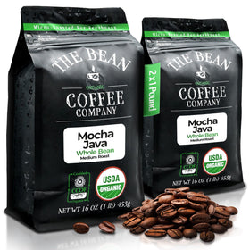 The Bean Organic Coffee Company Mocha Java pack shot shows two 16 oz bags for home brewing.
