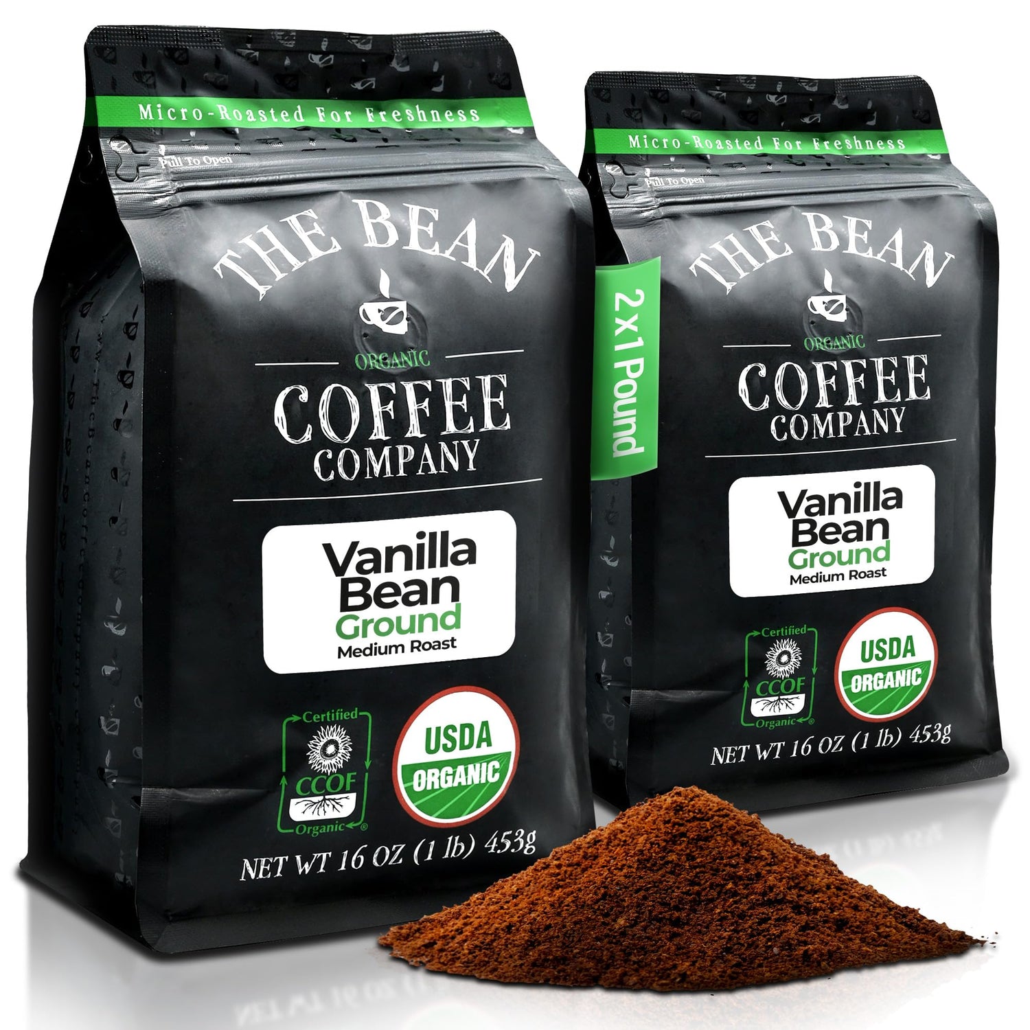 The Bean Organic Vanilla Bean Ground Coffee aroma for a rich morning brew.