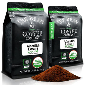 The Bean Organic Vanilla Bean Ground Coffee aroma for a rich morning brew.