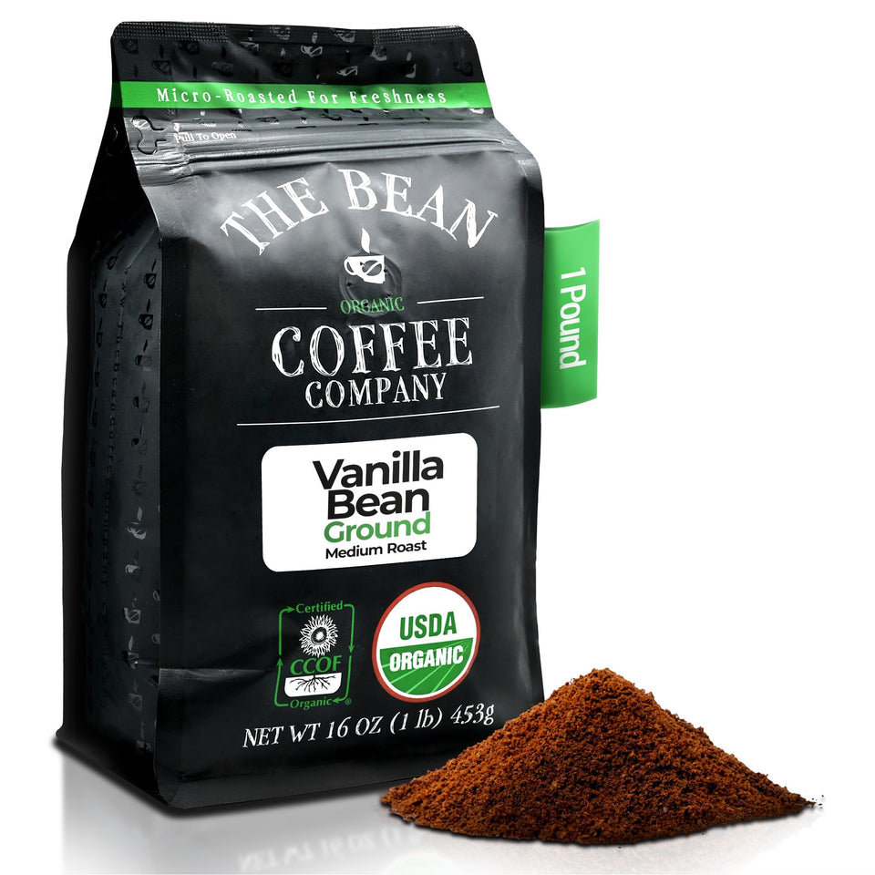 The Bean Vanilla Bean ground coffee in a 16oz bag ready to brew