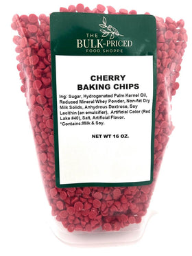 The Bulk-Priced Food Shoppe cherry baking chips in a resealable bag for freshness