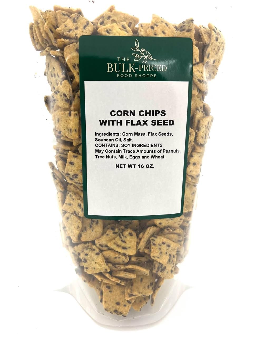 The Bulk-Priced Food Shoppe corn chips with flax seed in a resealable bag for fresh snacking.