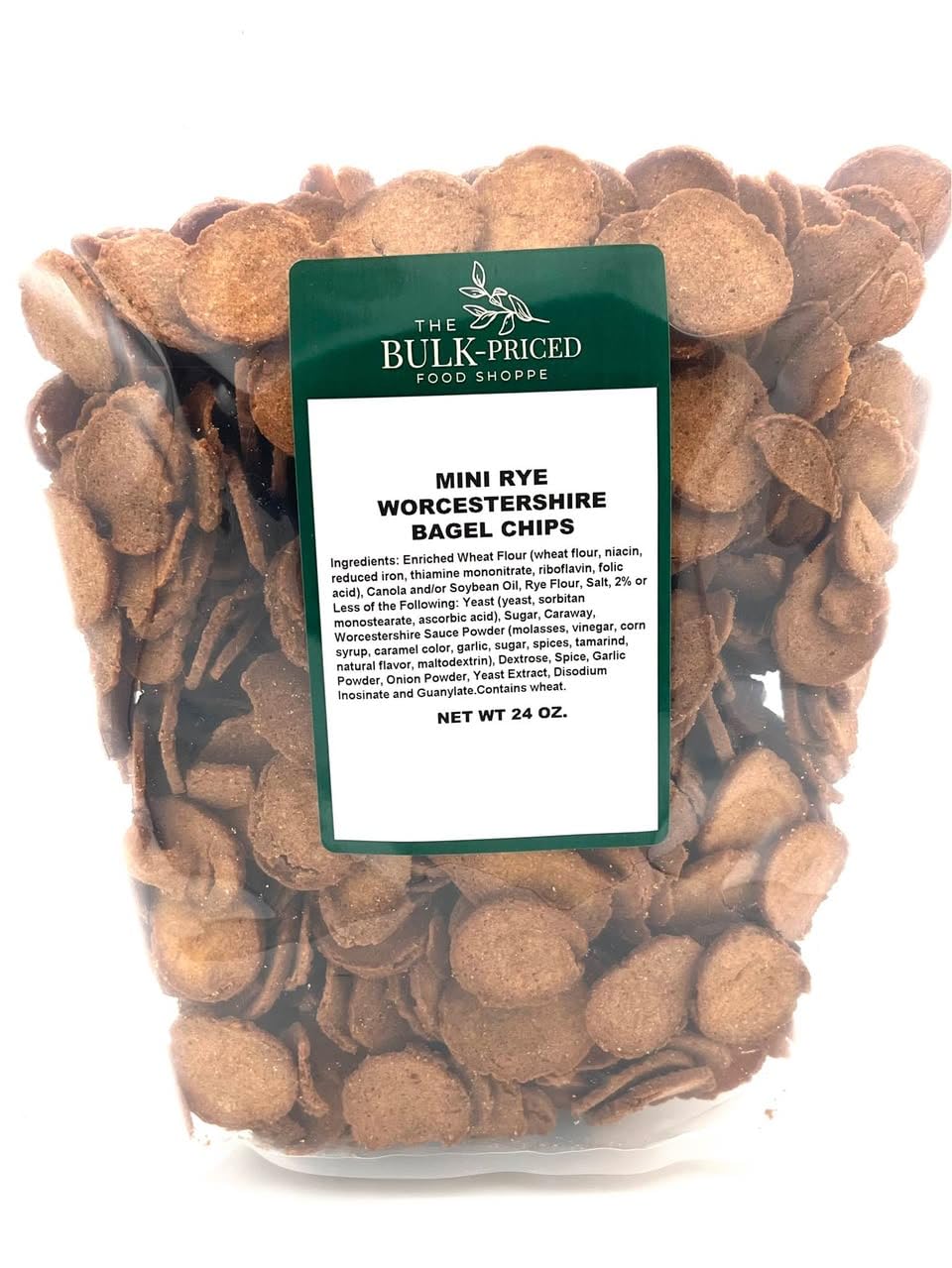The Bulk-Priced Food Shoppe mini rye bagel chips packaging preserves freshness.