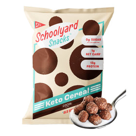 The Cereal School Keto Cocoa cereal in a bowl with rich chocolate crunch.