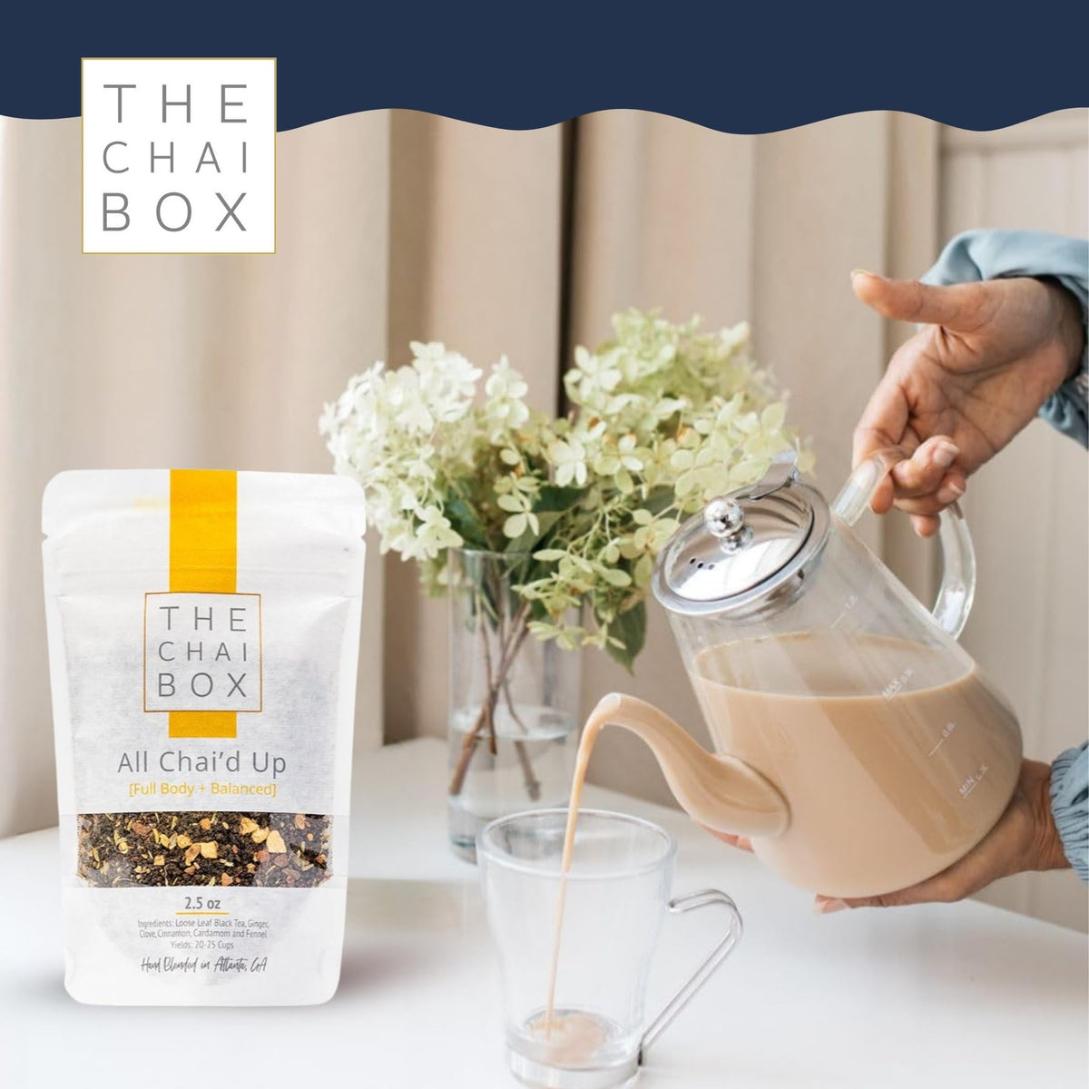 The Chai Box brew in cup shot invites a comforting ritual and flavorful sip.