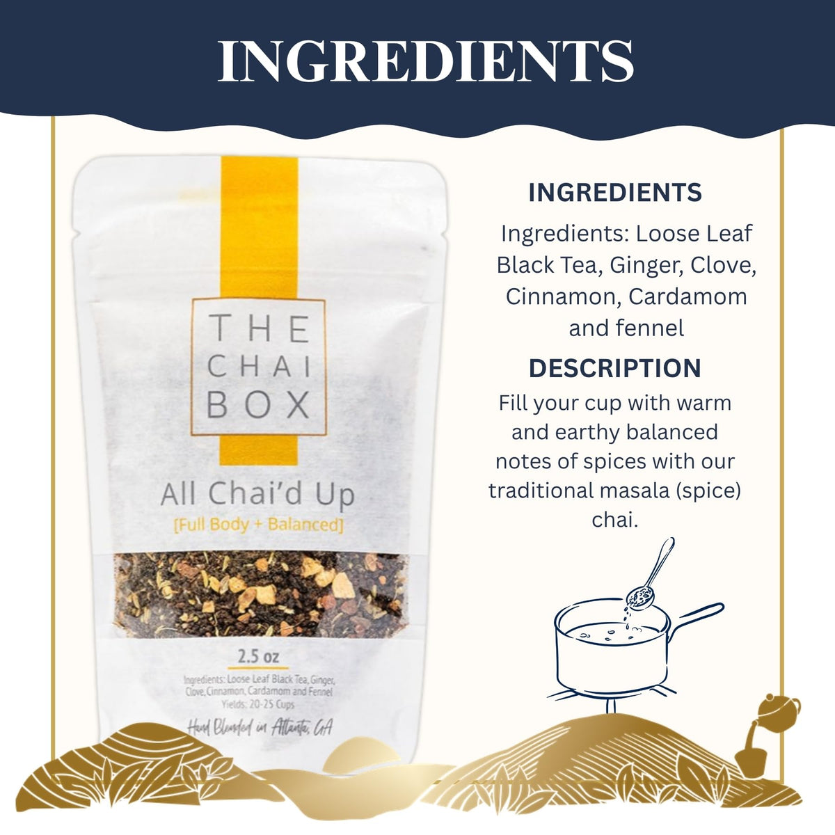 The Chai Box spice blend close-up highlights ginger, cinnamon, and clove for vibrant flavor.