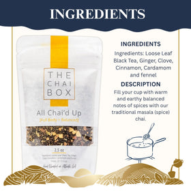 The Chai Box spice blend close-up highlights ginger, cinnamon, and clove for vibrant flavor.