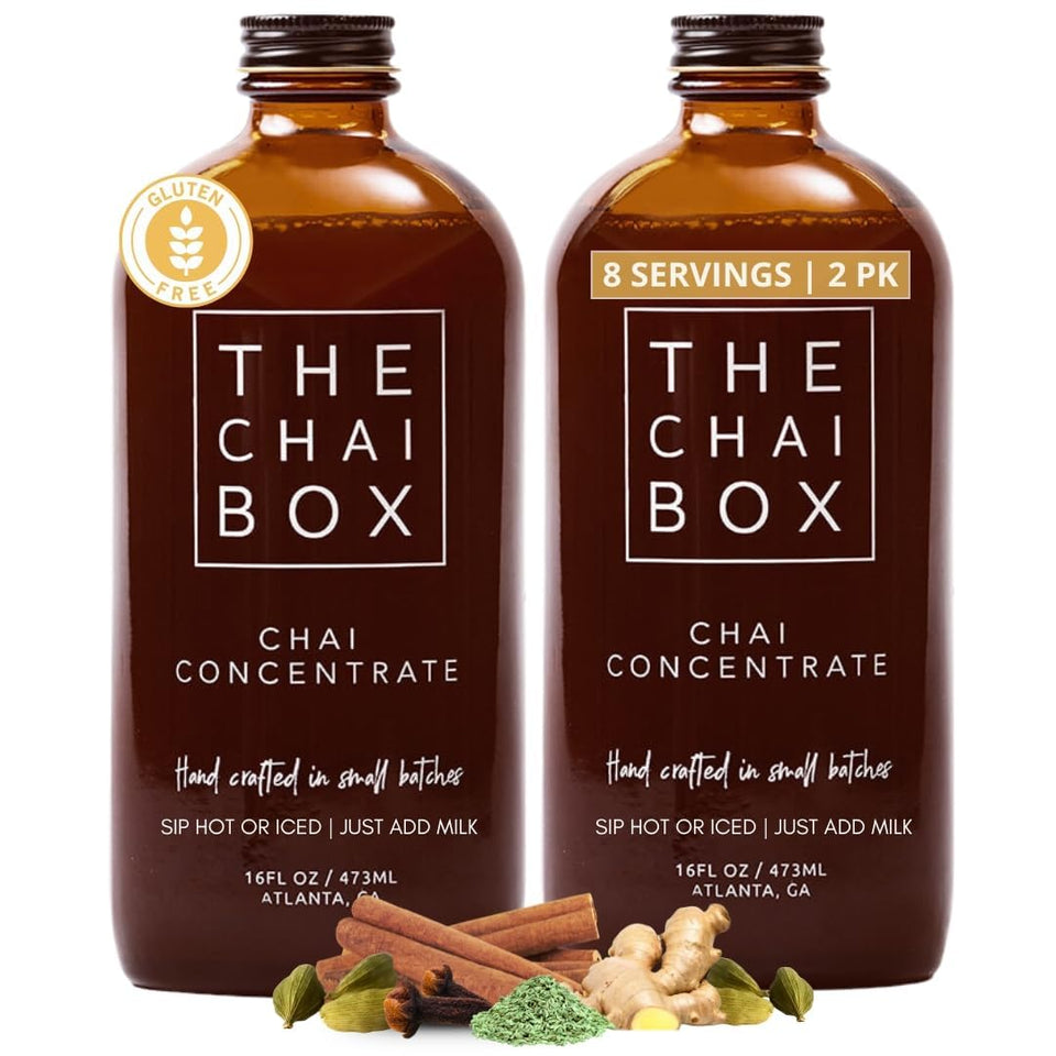 The Chai Box Sweetened chai concentrate bottle highlighting premium spices for bold flavor.