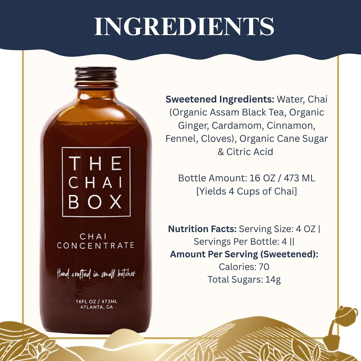 The Chai Box Sweetened chai concentrate label emphasizes small-batch craftsmanship and natural ingredients.