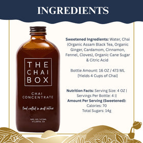 The Chai Box Sweetened chai concentrate label emphasizes small-batch craftsmanship and natural ingredients.