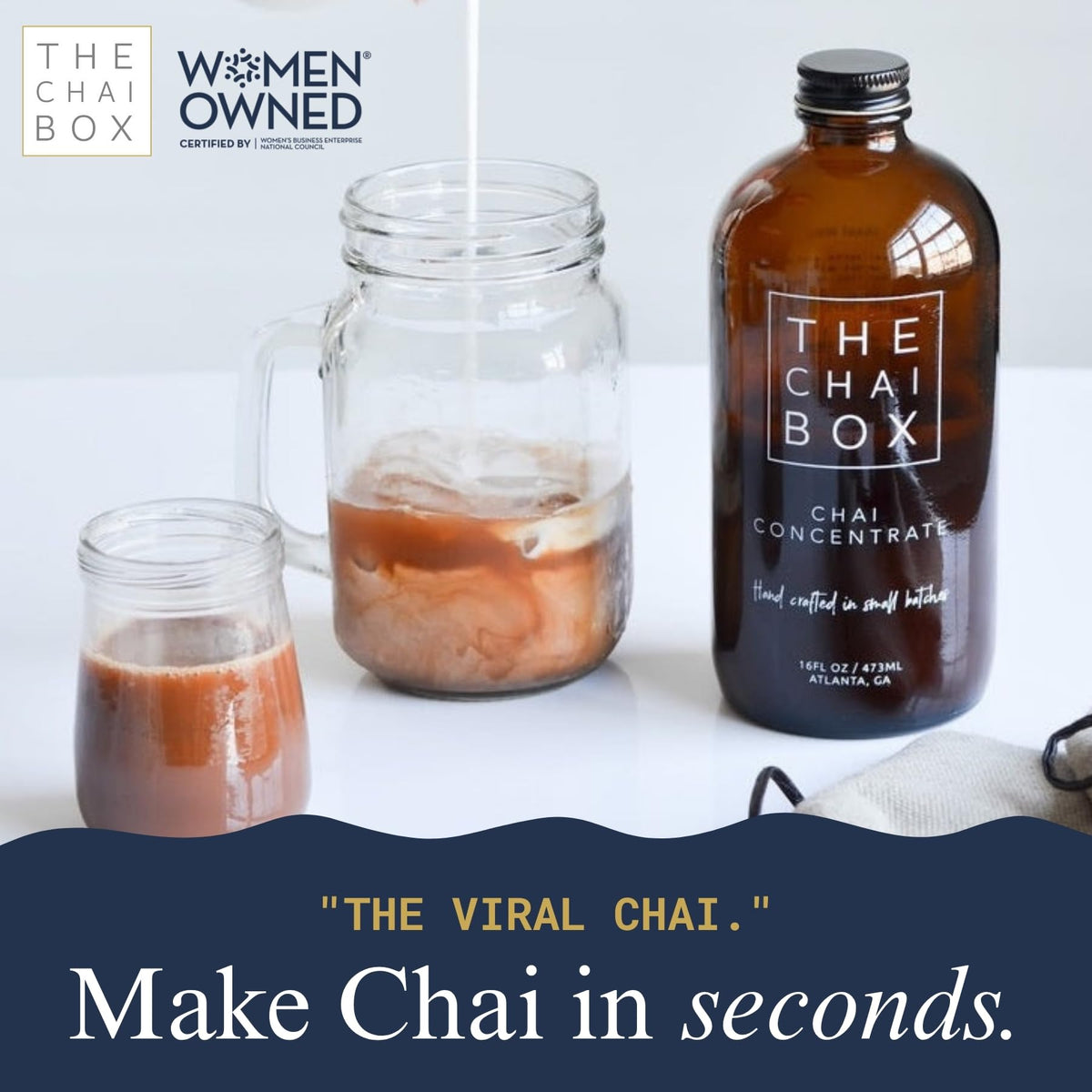 The Chai Box Sweetened chai concentrate being poured into a cup for hot tea.