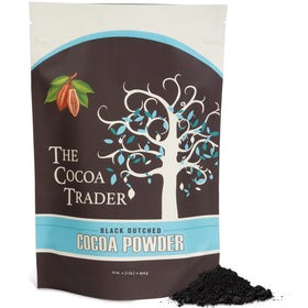 The Cocoa Trader black dutched cocoa powder bottle adds deep color to bold desserts.