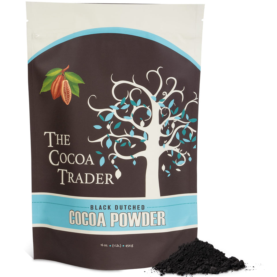 The Cocoa Trader black dutched cocoa powder bottle adds deep color to bold desserts.