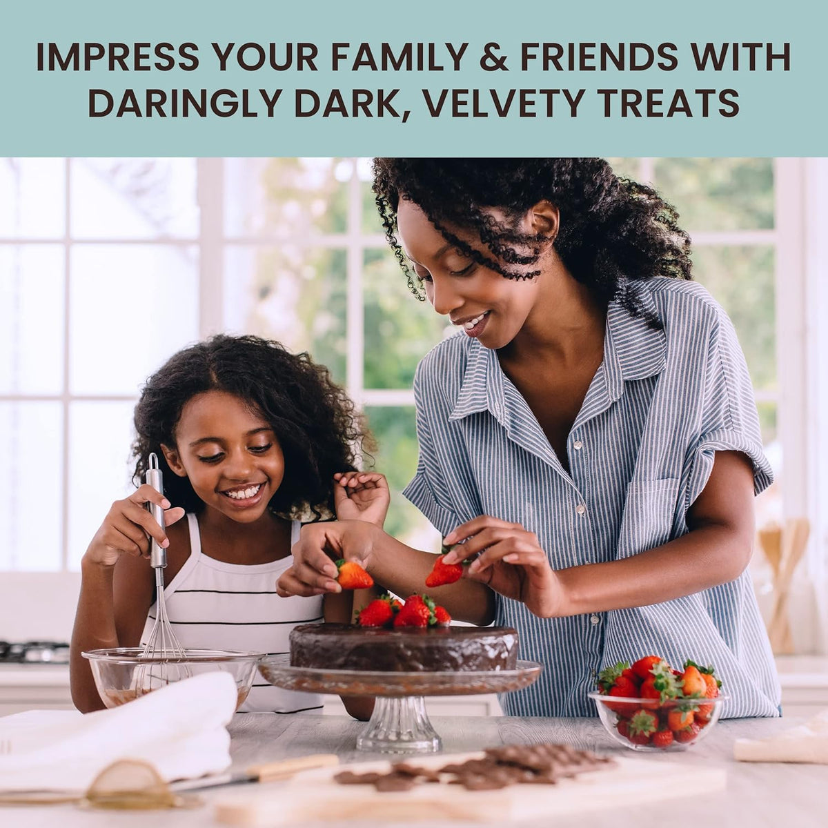 The Cocoa Trader premium cocoa powder container highlights vegan, gluten-free baking potential.