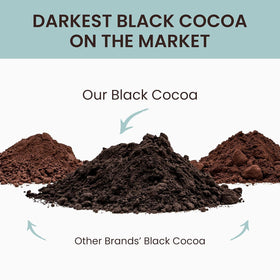 The Cocoa Trader unsweetened black cocoa powder in hot chocolate cup for rich color.
