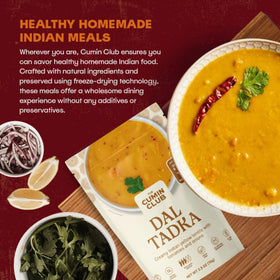 The Cumin Club Dal Tadka freeze-dried flavor retention illustrated in packaging.