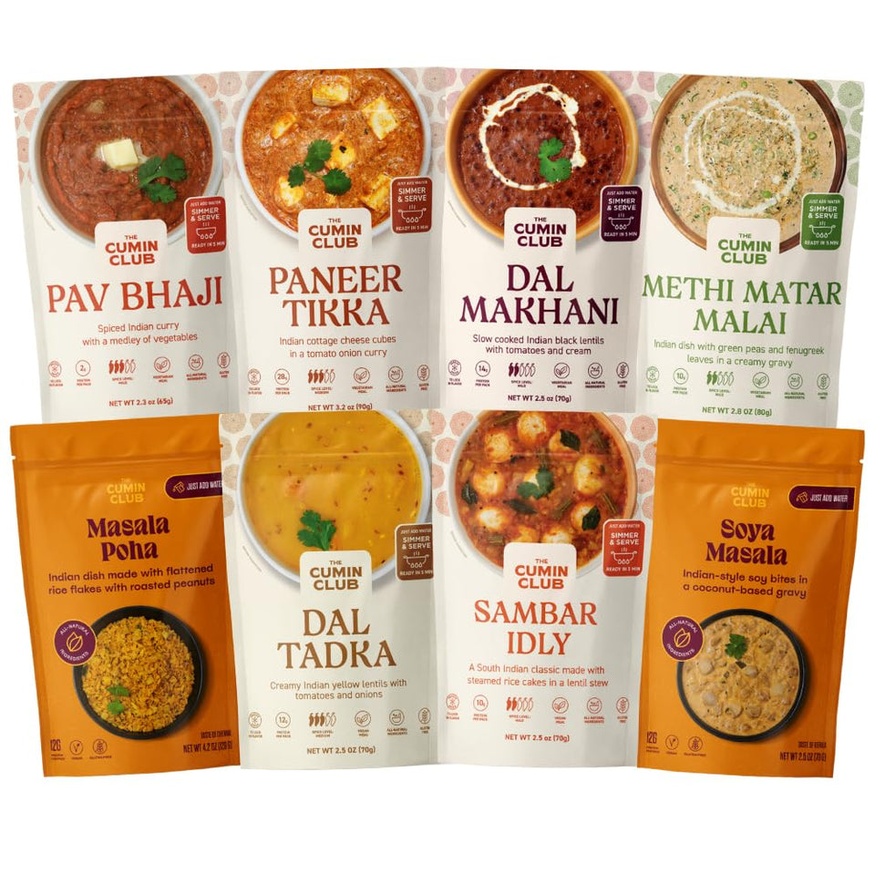 The Cumin Club Variety Pack featuring eight authentic Indian meals for quick weeknights.