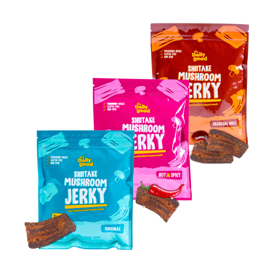 The Daily Good Mushroom Jerky Original pack highlighting high-fiber snack appeal