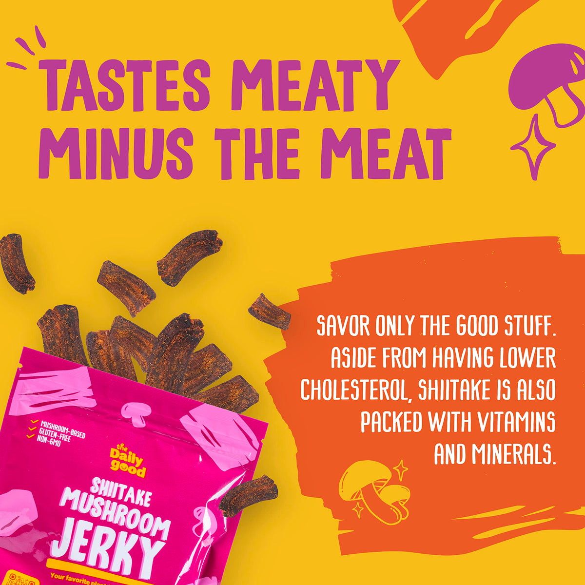 The Daily Good Mushroom Jerky texture closeup showing chewy bite