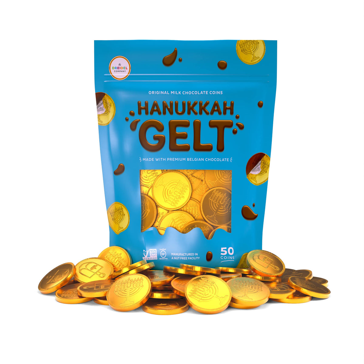 The Dreidel Company milk chocolate gelt with gold foil wrappers, ideal for goody bags.