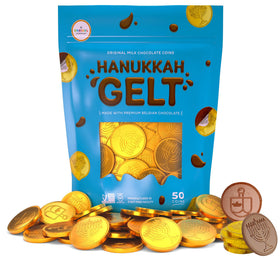 The Dreidel Company milk chocolate gelt coins with gold foil wrappers, ideal for festive gifting.