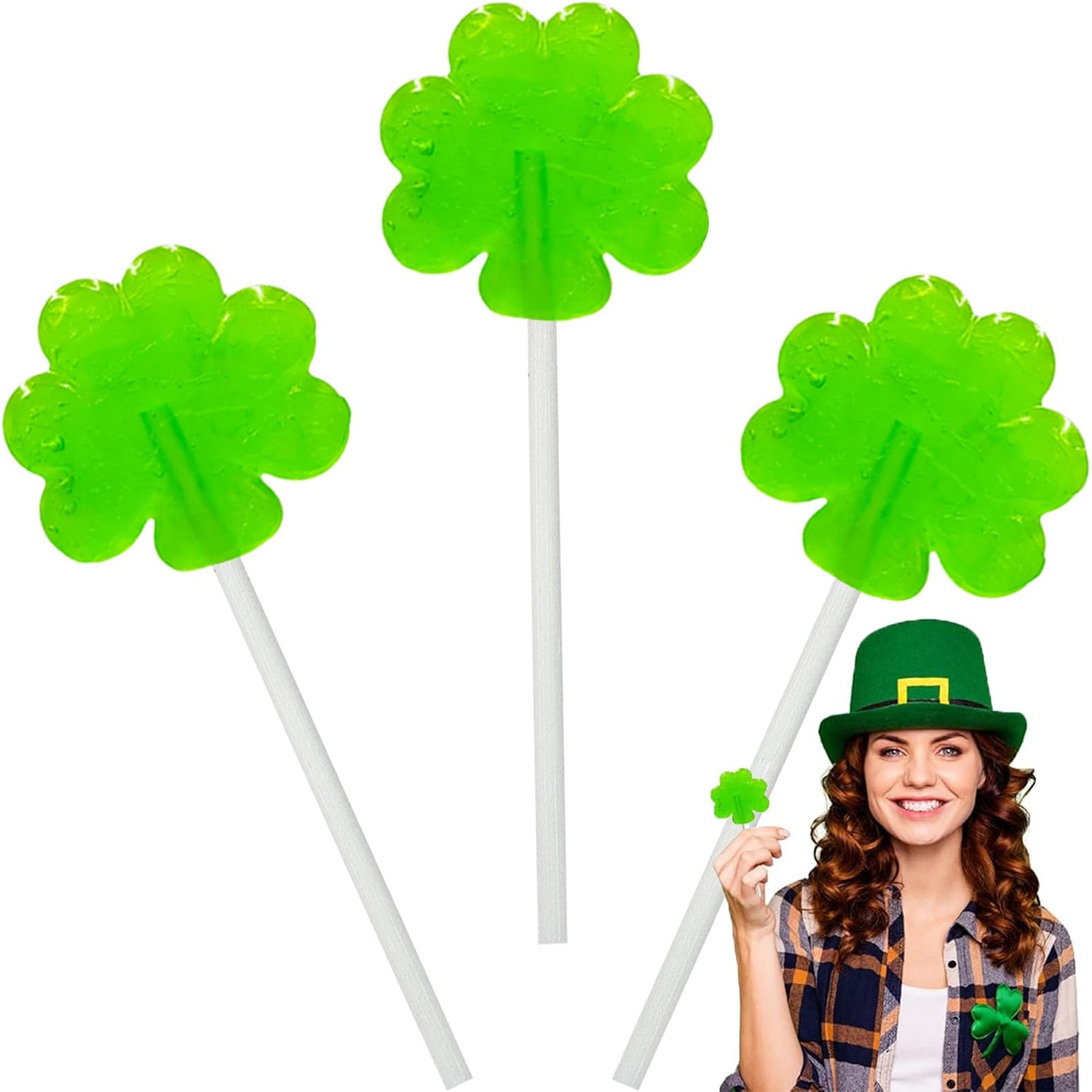 The Dreidel Company green shamrock lollipops with apple flavor, perfect as party favors.
