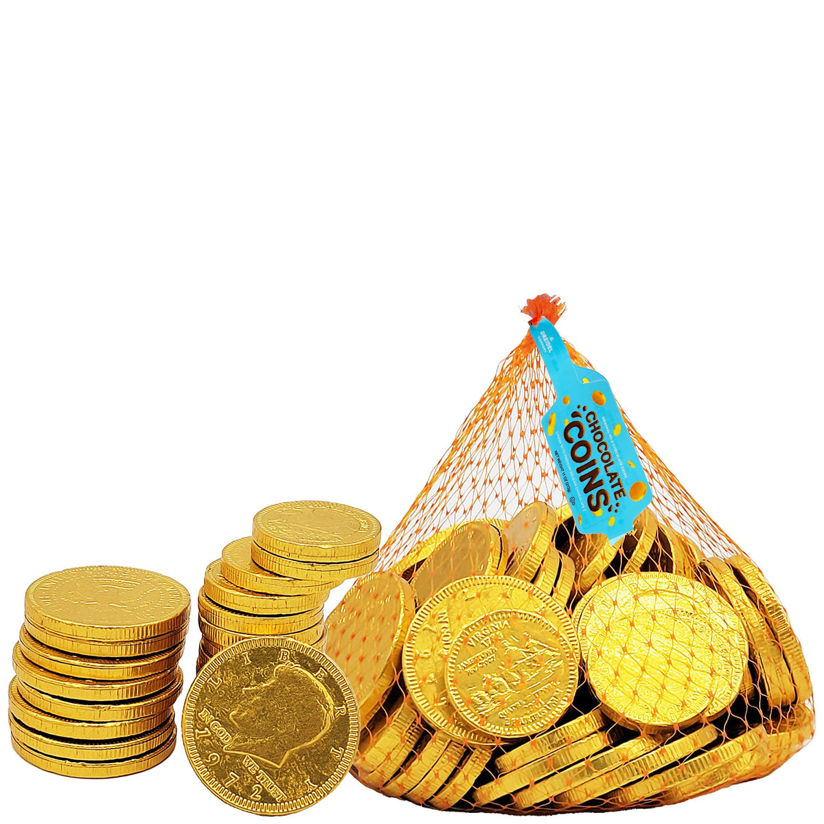 Close-up of gold foil-wrapped chocolate coins highlighting premium quality flavor.