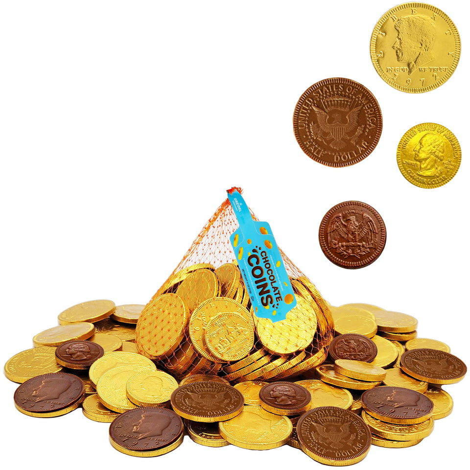 The Dreidel Company milk chocolate coins in a mesh bag ready for sharing at parties.