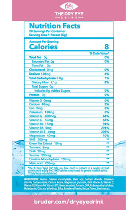 The Dry Eye Drink ingredients close-up highlights green tea and DHA benefits.