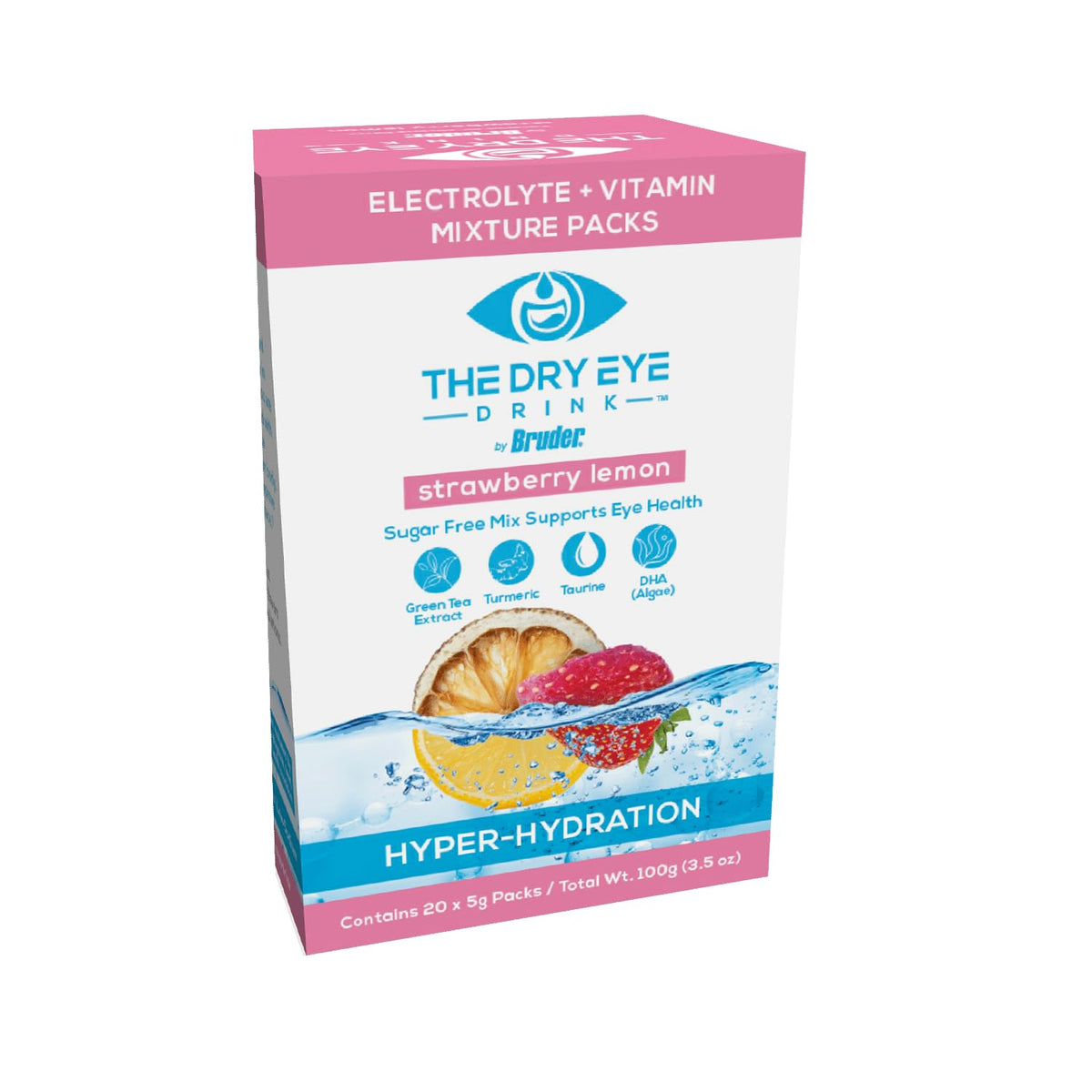 The Dry Eye Drink strawberry-lemon packet close-up highlights sugar-free hydration.