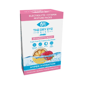 The Dry Eye Drink strawberry-lemon packet close-up highlights sugar-free hydration.