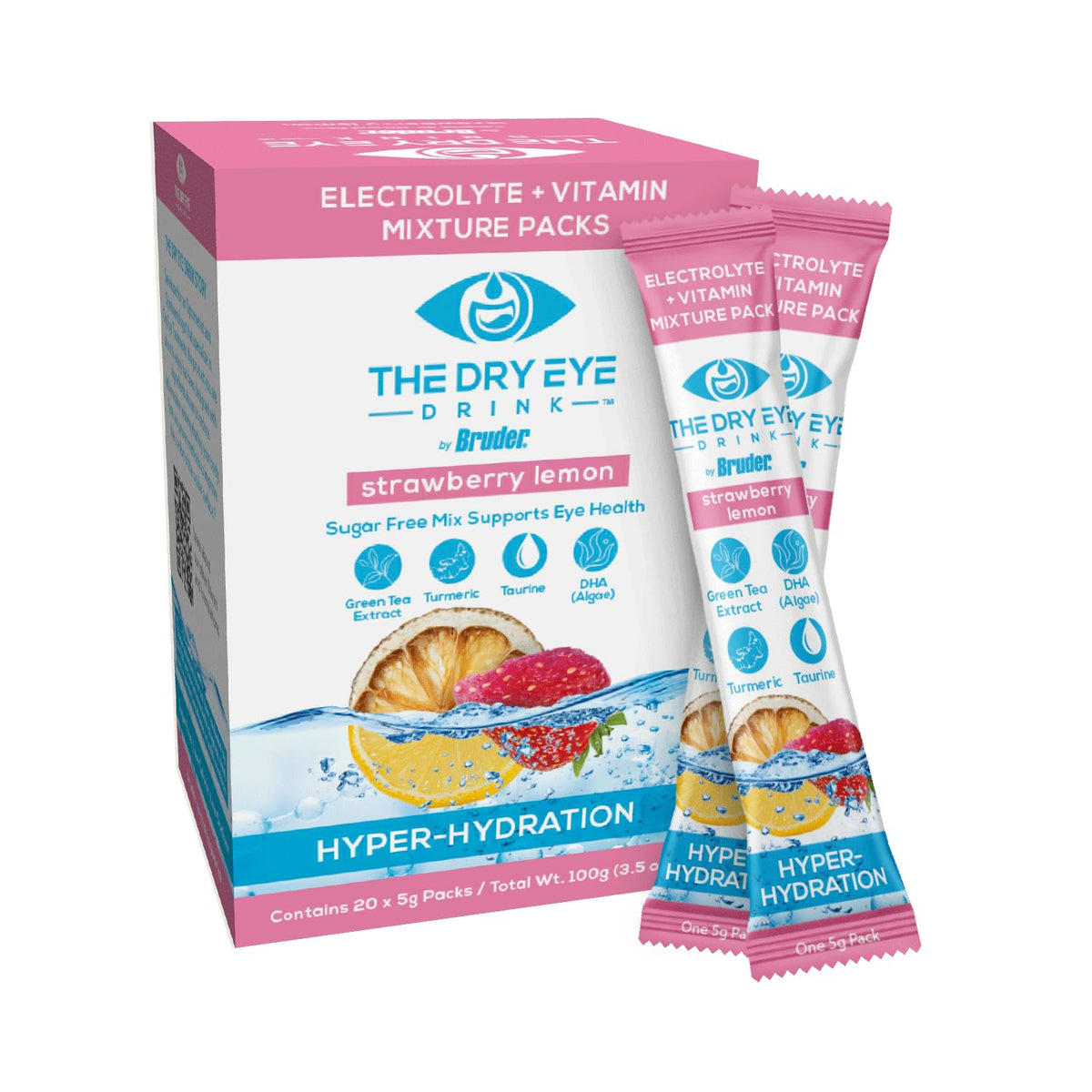 The Dry Eye Drink strawberry-lemon stick-pack shows convenient hydration on the go.