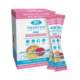The Dry Eye Drink strawberry-lemon stick-pack shows convenient hydration on the go.