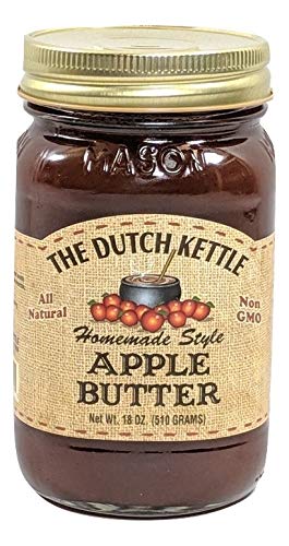 The Dutch Kettle Apple Butter jar beside pancakes, adds natural sweetness to breakfast.