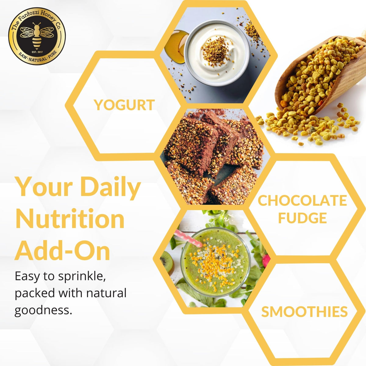 Bee pollen granules on acai bowl by The Fantozzi Honey Co.