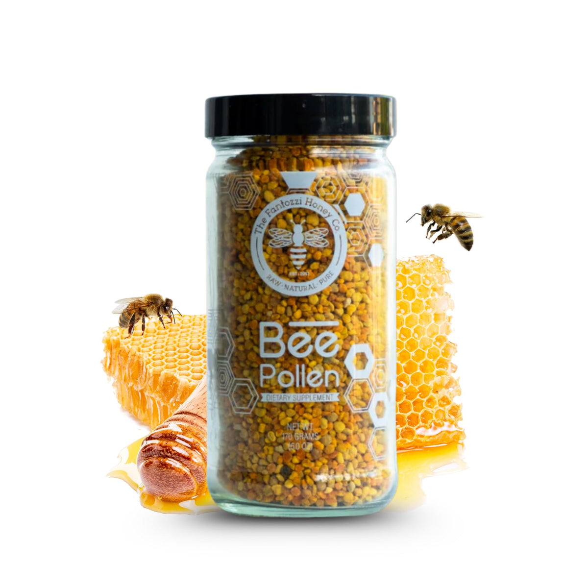 The Fantozzi Honey Co. bee pollen granules in 6oz packaging for daily nutrition