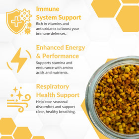 Closeup of The Fantozzi Honey Co. bee pollen granules with natural crunch
