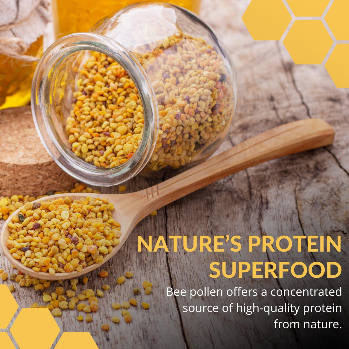 Jar of The Fantozzi Honey Co. bee pollen granules on wood