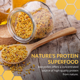 Jar of The Fantozzi Honey Co. bee pollen granules on wood