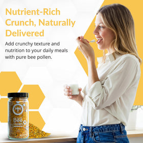 Pouring bee pollen granules over breakfast cereal for The Fantozzi Honey Co.